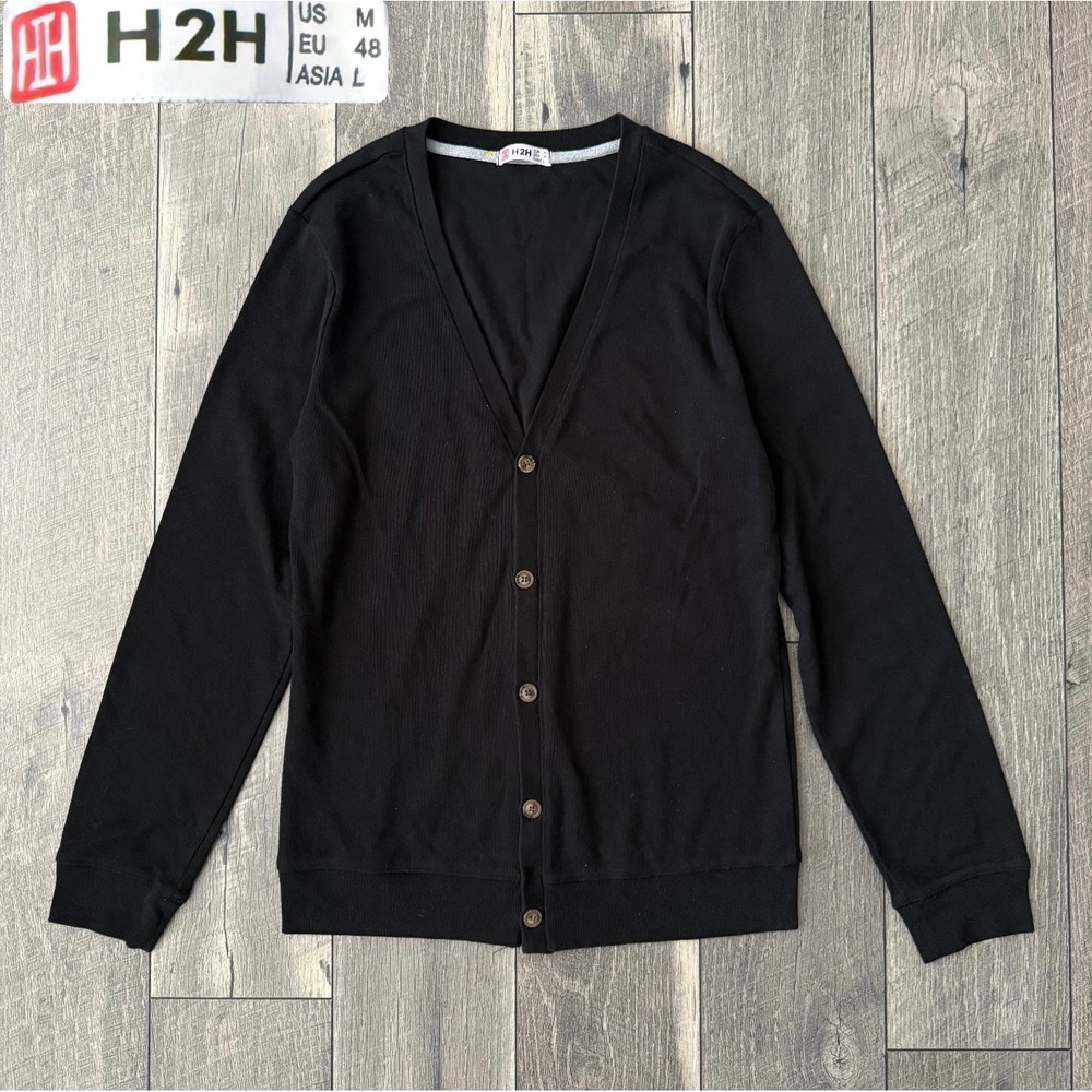 H2H US Mens V-Neck Cardigan Sweater Black Button Front Long Sleeve Size M Preppy
